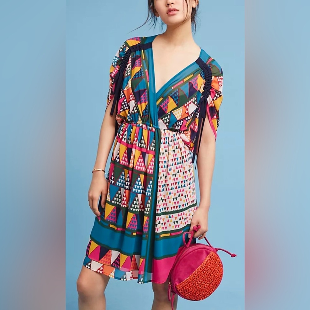 Anthropologie Maeve Multicolor Semi Sheer  Geometric Dress V-Neck Size 4P